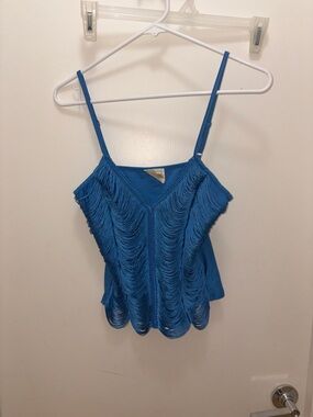 Blue Fringe Spaghetti Strap Crop Top